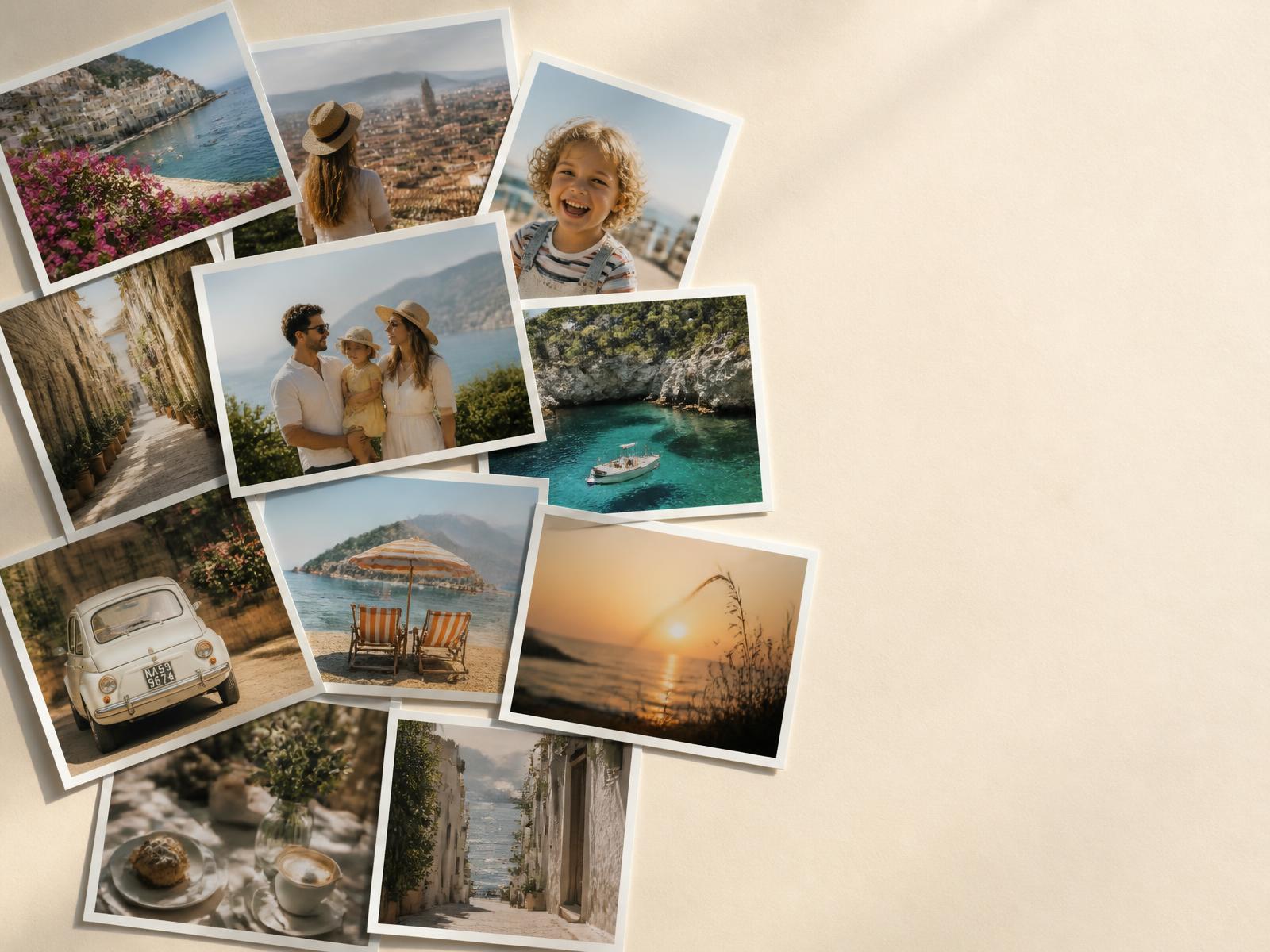 Fotografías impresas en formato 10 × 15 cm sobre fondo crema